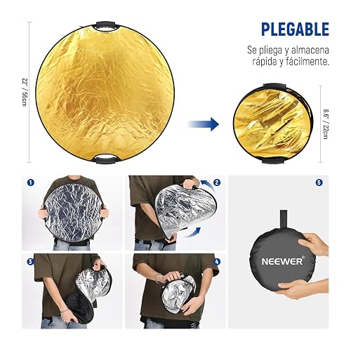 NEEWER 43"/110cm Reflector de Luz con Abrazadera y Empuñaduras, Reflector de Fotografía Plegable 5 en 1 Translúcido/Plata/Oro/Blanco/Negro con Rosca 3/8" para Iluminación Exterior, RF-110II
