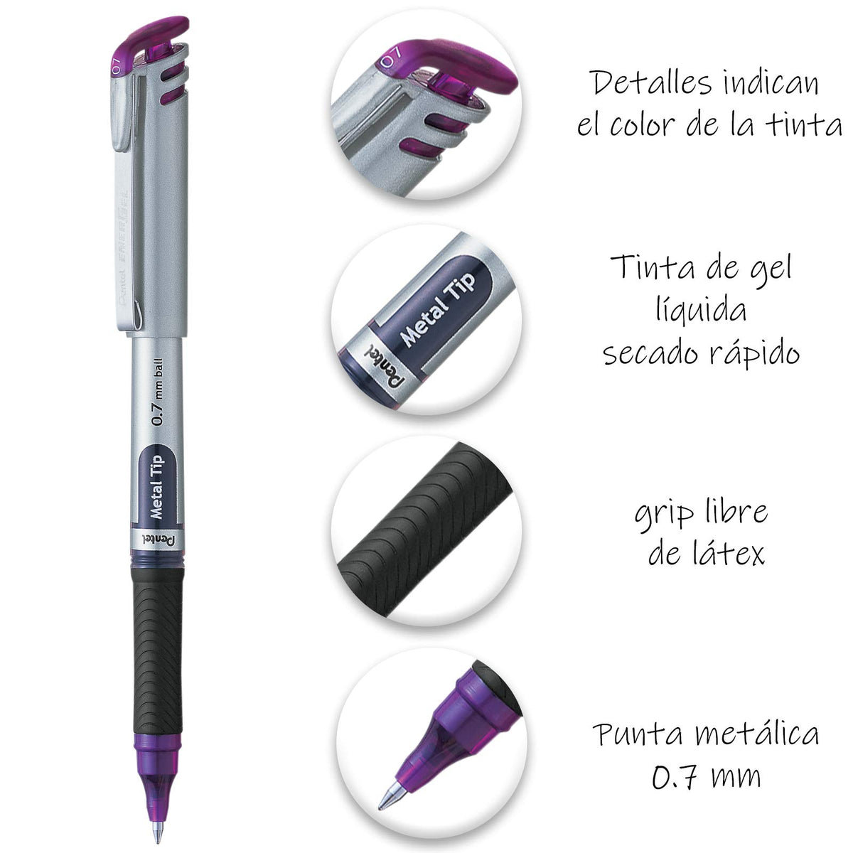 Pentel EnerGel Bolígrafo de Gel Líquido, Punto Fino, 0.7 mm, Cuerpo Plateado, Tinta Violeta, Caja con 12 Piezas, BL17-V