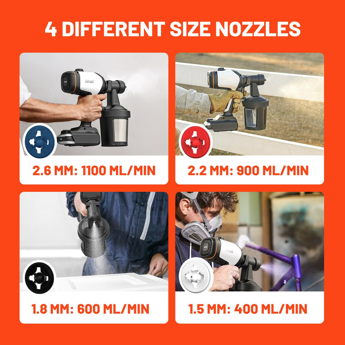 Litheli - Pulverizador de Pintura inalámbrico con batería de 4.0 Ah, HVLP con Motor sin escobillas y 2 recipientes de 800 ml, pulverizadores eléctricos de Pintura de 800 W con 4 boquillas de Cobre