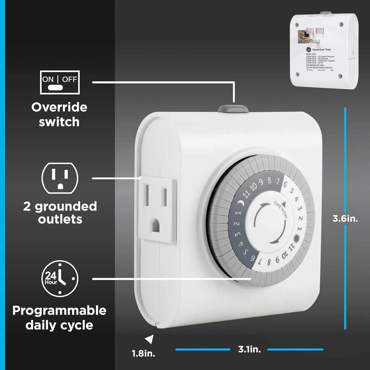 GE 24-Hour Heavy Duty Indoor Plug-in Mechanical Timer, Gray/White