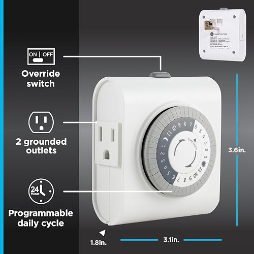 GE 66404 - Temporizador mecánico de toma de tierra, enchufes dobles con 3 puntas, ciclo de 24 horas, uso en interiores para luces, lámparas, ventiladores, electrodomésticos, Navidad, árbol, paquete de