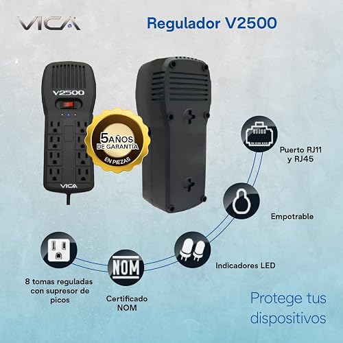 VICA V2500 Regulador Electrónico de Voltaje 2500 VA / 1500 W con 8 Tomas reguladas, supresor de Picos y Puertos RJ11 y RJ45 | Empotrable y Certificado Nom