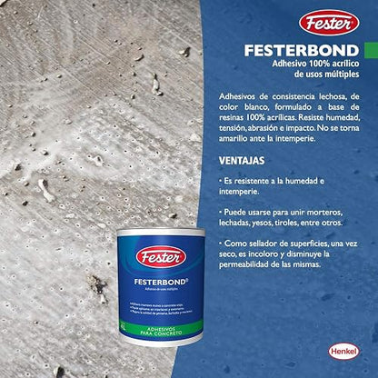 Fester Festerbond Adhesivo Acrílico de Usos Múltiples 4 Litros, Adherente para Unir Mortero Nuevo a Concreto Viejo y Sellador de Superficies Porosas, Color Blanco, Bote de 4 Litros