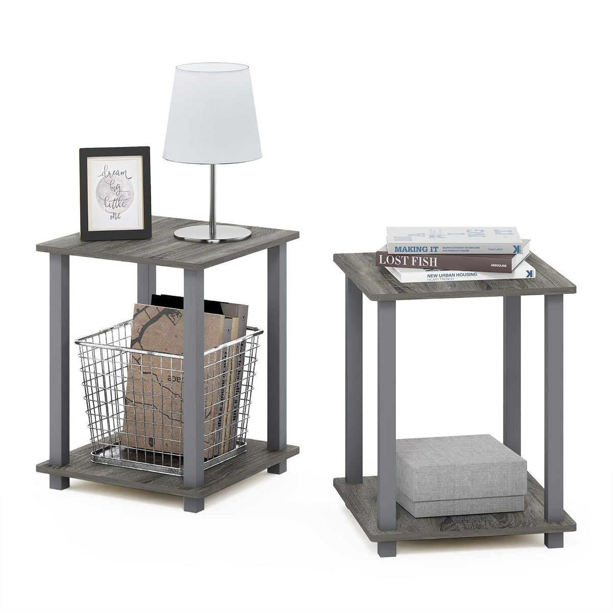 Furinno 12127GYW/GY Simplistic End Table, French Oak Grey, Set of 2 | Mesa auxiliar auxiliar de 2 niveles, compacta, cuadrada, moderna, mesita de noche, mesita de noche, mesita de noche