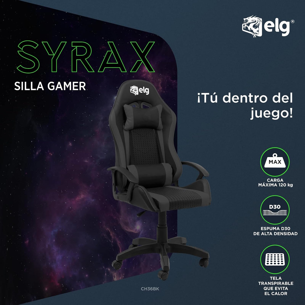 Silla ergonómica para Juegos Syrax con Ajuste de Altura y Estructura Reforzada Que soporta 120 kg, Negro, CH36BK, ELG