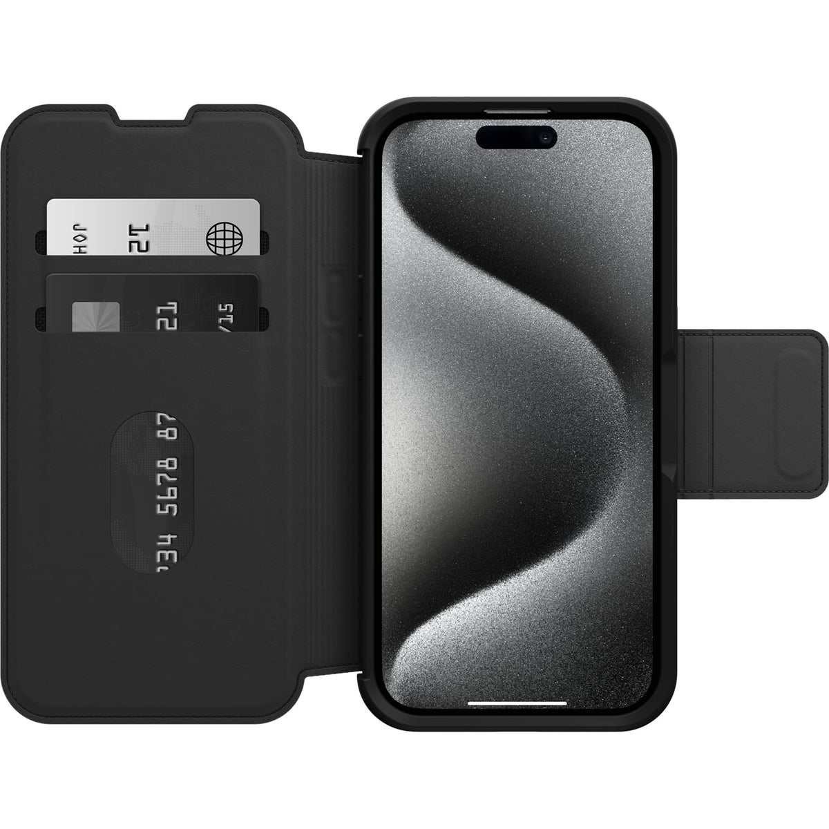 OtterBox - Funda Tipo portafolios para iPhone 15 Pro (Solo en inglés) Strada - Shadow (Negro), Soporte para Tarjetas, se Ajusta a MagSafe, Piel auténtica, fácil de Usar, Funda Tipo Folio