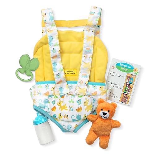 Melissa & Doug Mine to Love Set de Mochila para Llevar Muñecos Bebé | 5 piezas, portador de muñecas ajustable, oso de juguete, biberón, juego de rol de construcción de empatía