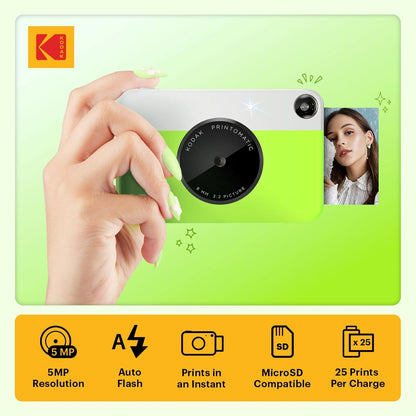 Kodak Cámara Digital de impresión instantánea (Verde)Impresión a Todo Color en Papel Fotográfico Zink 2 x 3 Pulgadas Papel Adhesivo– Imprime Recuerdos al Instante