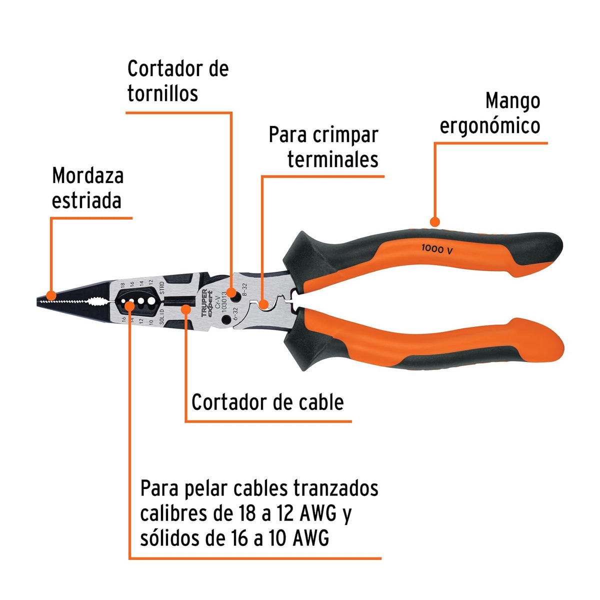 Truper expert PMU-8PX, Pinza multiuso 8" punta larga mango comfort grip