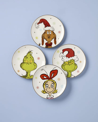 Lenox 898094 Merry Grinchmas Platos decorativos, juego de 4 | porcelana, apto para lavaplatos, microondas | también ideal como plato de postre de Navidad para ensalada o pan