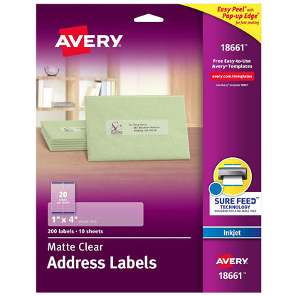 Avery 18661 Etiquetas de dirección transparentes mate fáciles de despegar, inyección de tinta, 1 x 4, 200/paquete