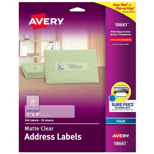 Avery 18661 Etiquetas de dirección transparentes mate fáciles de despegar, inyección de tinta, 1 x 4, 200/paquete
