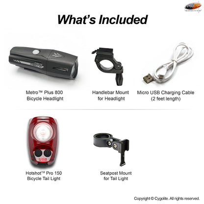 Cygolite Metro Plus 800 & Hotshot Pro 150 Juego Combinado de Luces para Bicicleta, Metro Plus 800 & Hotshot Pro 150 USB Recargable para Bicicleta, Negro, Rojo