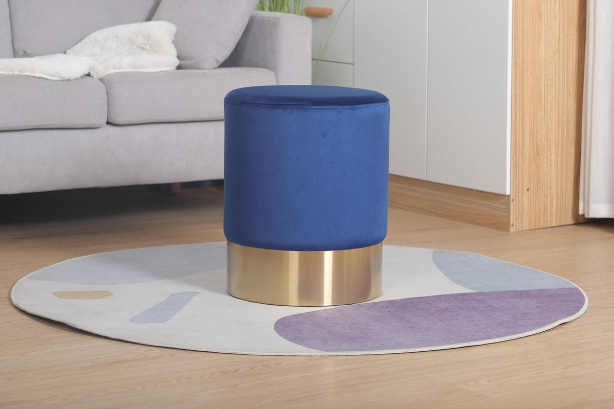 Sochic Taburete Cilíndrico Tapizado en Terciopelo Azul con Base de Acero Inoxidable en Acabado Dorado
