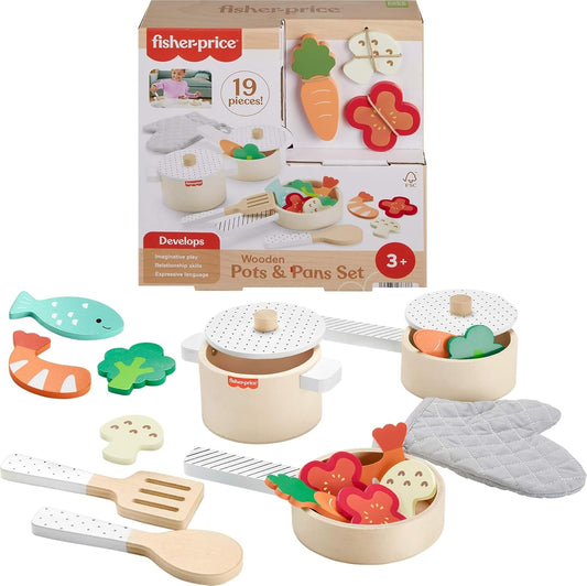 Fisher-Price, Set de Ollas y Sartenes de Madera, Juguete para Bebé, 3 Años en Adelante