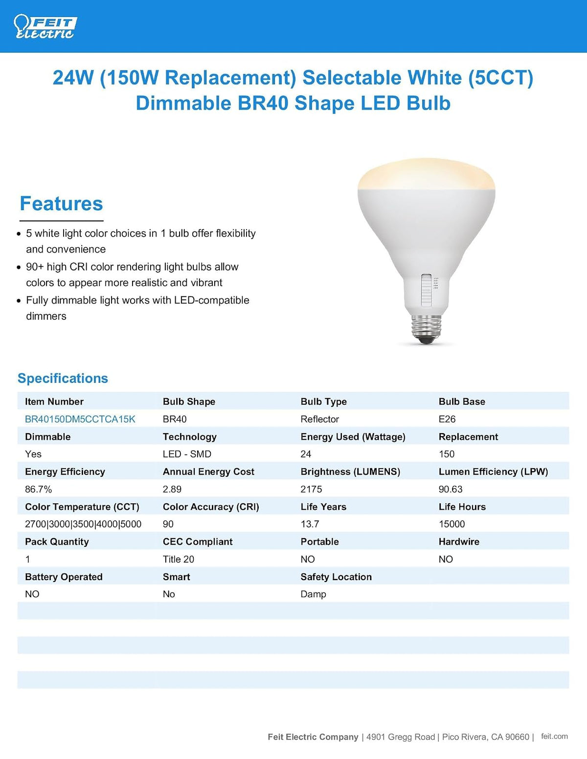 Feit Electric BR40 - foco LED BR40, equivalente a 150 W, regulable, 5CCT, base media E26, 90 CRI, 2175 lúmenes, blanco ajustable, 13.7 años de vida útil, BR40150DM5CCTCA15K