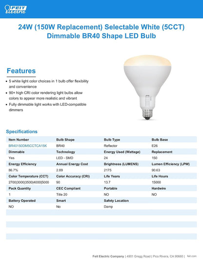 Feit Electric BR40 - foco LED BR40, equivalente a 150 W, regulable, 5CCT, base media E26, 90 CRI, 2175 lúmenes, blanco ajustable, 13.7 años de vida útil, BR40150DM5CCTCA15K