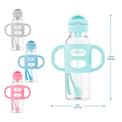 Dr. Brown's Milestones - Botella de paja estrecha para sorbos a prueba de derrames con asas 100% de silicona y popote con peso, 8 onzas/250 ml, gris, 6 m+