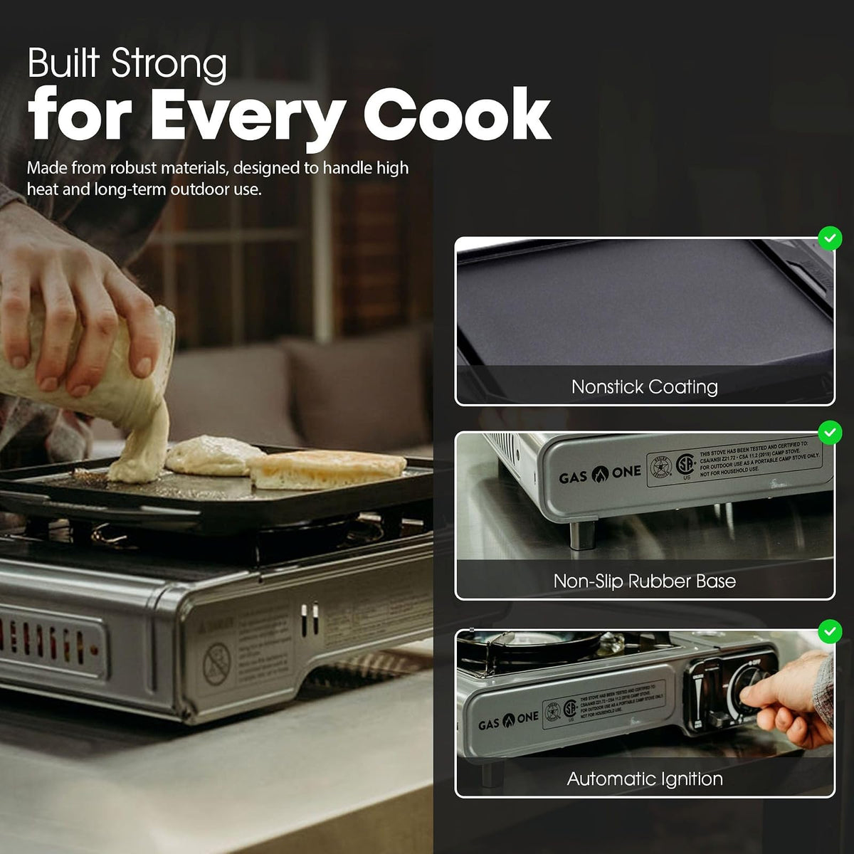 GasOne GS-1000G-KIT - Estufa de gas butano con plancha superior plana incluida, quemadores de estufa de butano para cocinar para camping, cocina, aluminio fundido a presión con revestimiento