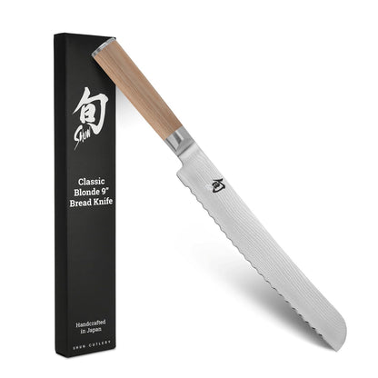 Shun - Cuchillo de pan clásico rubio de 9 pulgadas, cuchillo dentado japonés hecho a mano, núcleo VG-MAX con revestimiento de acero inoxidable Damasco, mango Pakkawood, herramienta de corte para chefs