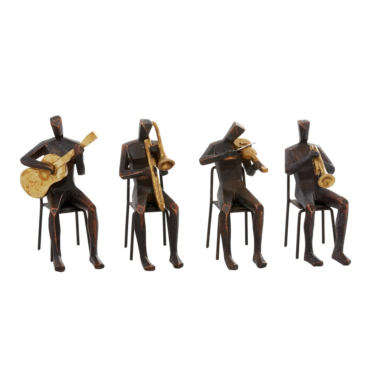 Deco 79 Polystone - Escultura Decorativa para músico, decoración del hogar, estatuas con Instrumentos Dorados, Juego de 4 Cifras Decorativas de 5 Pulgadas de Ancho, 8 Pulgadas de Alto, café