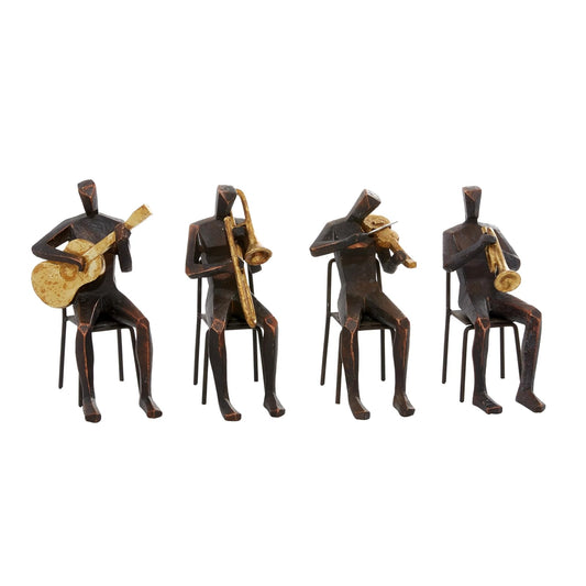 Deco 79 Polystone - Escultura Decorativa para músico, decoración del hogar, estatuas con Instrumentos Dorados, Juego de 4 Cifras Decorativas de 5 Pulgadas de Ancho, 8 Pulgadas de Alto, café
