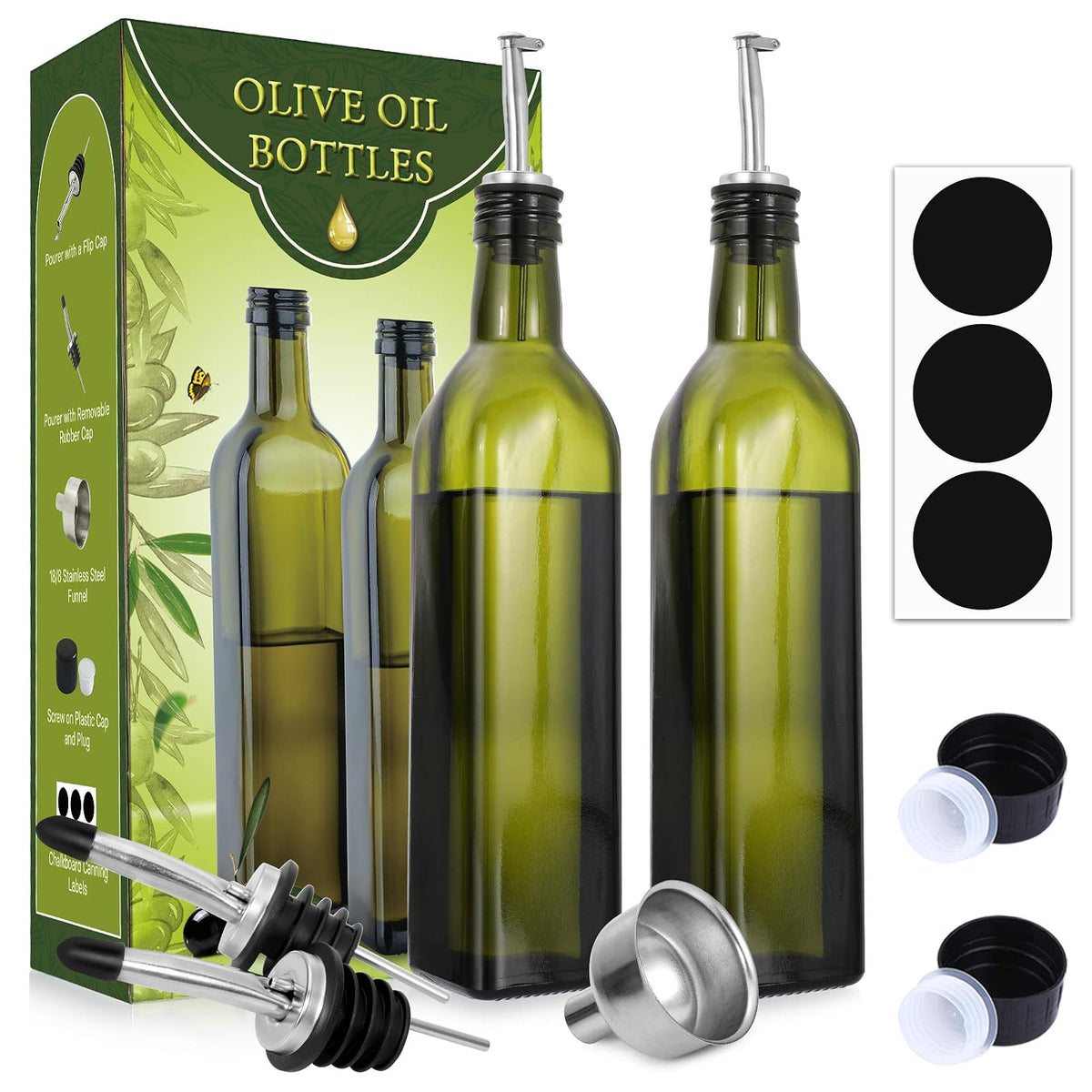 Aozita juego de botellas de aceite de oliva de vidrio – Aceite verde oscuro y vinagre cruet con vertedores, embudo y etiquetas – decantador de jarra de aceite de oliva para cocina, Verde oscuro, 482 gr