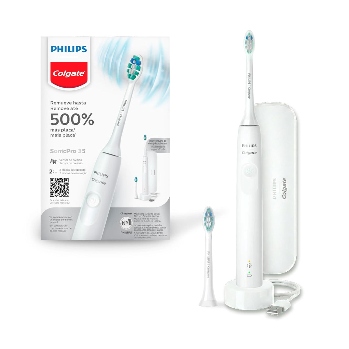 Philips Colgate Cepillo de Dientes Eléctrico SonicPro Clean & Sensitive 35 | Remueve 500% más placa, 2 modos de cepillado
