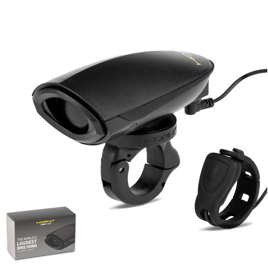 Hornit dB140 - Bocina de Bicicleta, Modelo V3 Mejorado, la bocina de Bicicleta más Fuerte del Mundo para Mayor Seguridad del Jinete, gatillo Remoto y Sistema de Montaje Mejorado Incluido