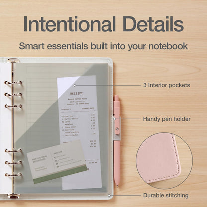 Oxford - Cuaderno profesional de 6 anillas, 7 x 9 pulgadas, cuaderno recargable, papel marfil, 100 hojas, funda de piel sintética rosa rubor (90005)