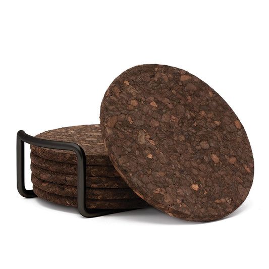 Thirstystone - Juego de 6 Posavasos Gruesos de Corcho Oscuro en un Atractivo Soporte Negro para Posavasos de 4.7 Pulgadas, Redondo, Duradero, Absorbente, fácil de Limpiar