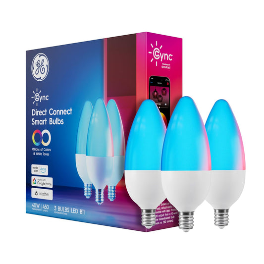 GE Cync - Bombillas LED inteligentes que cambian de color, luces decorativas para interiores, compatibles con Alexa y Google Home, base de candelabros (paquete de 3)