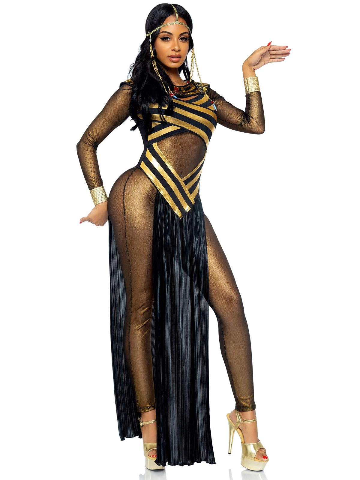 Leg Avenue 3pc.nile Queen Catsuit Dress W/Jewel Collar Head Piece Disfraz de adulto Mujer