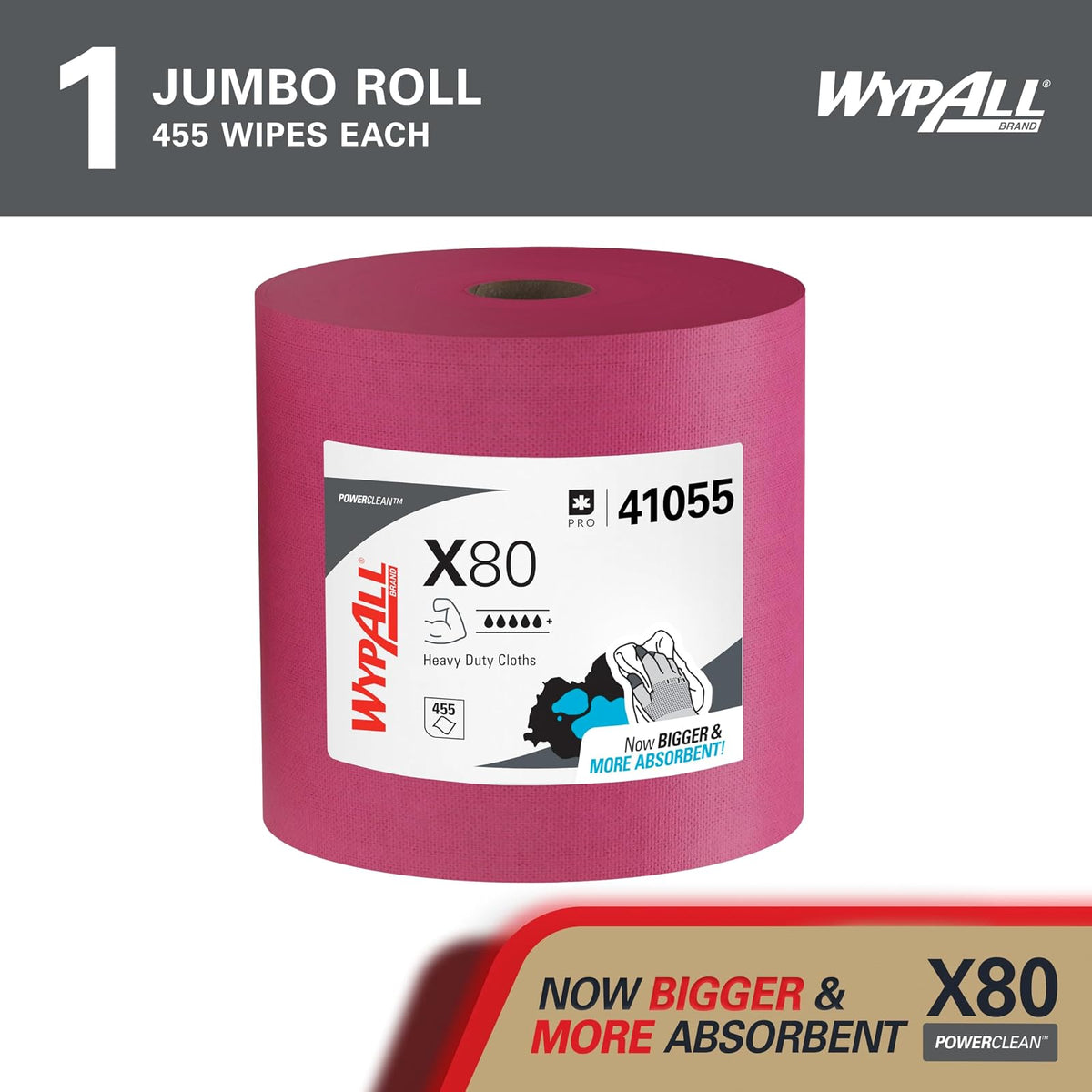 WypAll PowerClean X80 - Toallitas resistentes (41055), Jumbo, toallas de uso extendido, rojo (1 rollo de 455 hojas, 455 hojas en total)