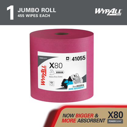 WypAll PowerClean X80 - Toallitas resistentes (41055), Jumbo, toallas de uso extendido, rojo (1 rollo de 455 hojas, 455 hojas en total)