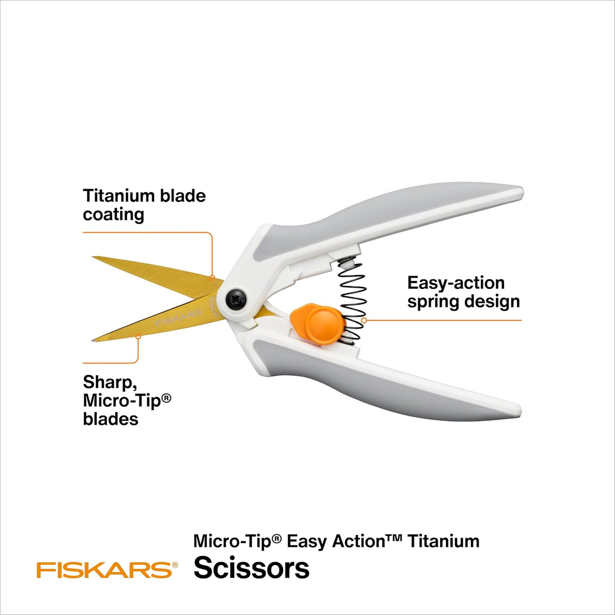 Fiskars - Tijeras de titanio de fácil acción, cuchillas afiladas para cortar precisión y ángulos con diseño de resorte de fácil acción, suministros de manualidades, mango asistido SoftGrip