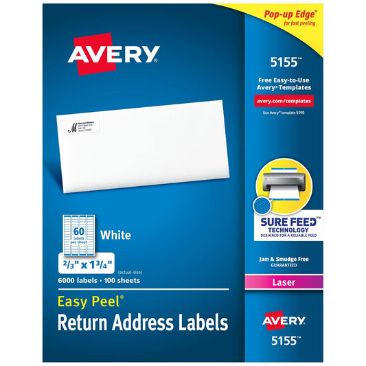 Avery Etiquetas de dirección de retorno con alimentación segura para impresoras láser, 2/3 pulgadas x 1-3/4 pulgadas, 6.000 etiquetas, calcomanía permanente (5155)