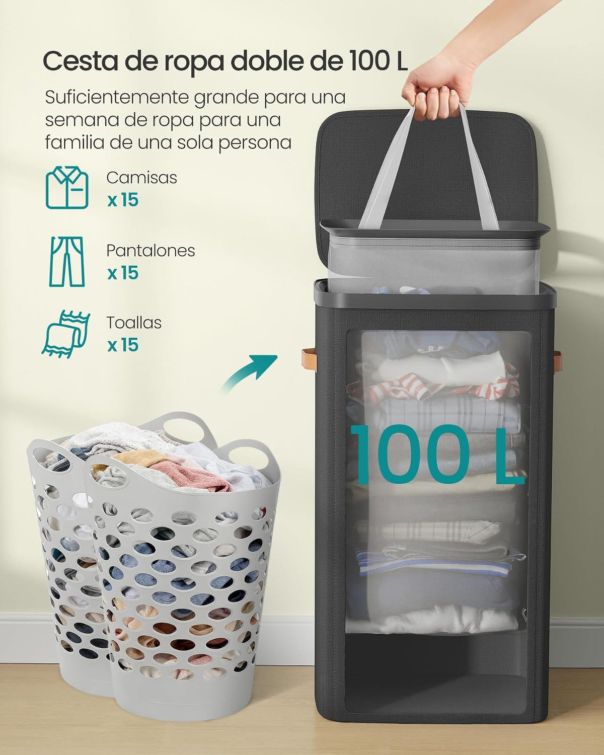 SONGMICS Cesto para la Ropa Sucia de 100 L, Bolsa de Basura, Bolsa Extraíble, Fácil Montaje, con Asas, 42 x 32 x 75 cm Negro Tinta MLCB811BH01