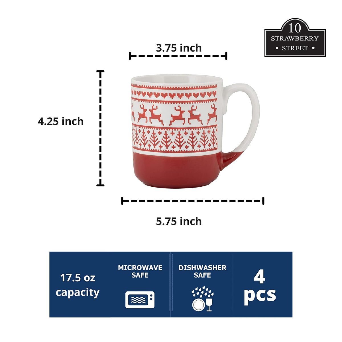 4 tazas de cerámica de renos en relieve de Strawberry Street, juego de 4 (rojo), S4MUG-XMAS