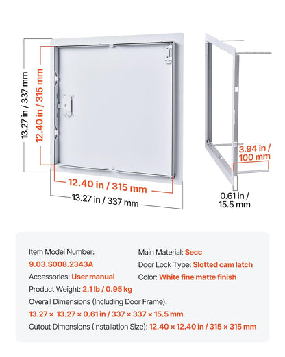 VEVOR Trampilla de Inspección 315x315 mm de Acero Galvanizado, Puerta de Acceso para Paneles de Yeso, con Pestillo de Destornillador, para Instalación de Fontanería y Electricidad en Techos, Blanco