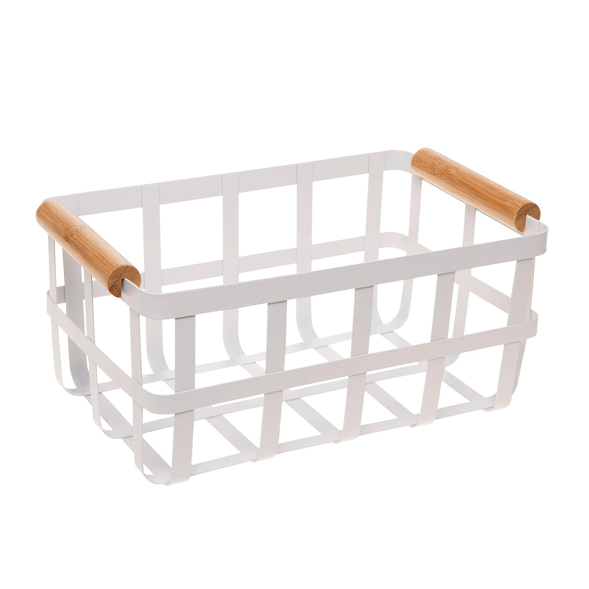 Simplify Cesta Rectangular de Almacenamiento de Metal con Asas de bambú, Grande, Cesta de Alambre Estilo Granja | Organizador del hogar, Decorativo, rústico | Blanco