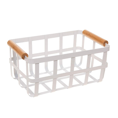 Simplify Cesta Rectangular de Almacenamiento de Metal con Asas de bambú, Grande, Cesta de Alambre Estilo Granja | Organizador del hogar, Decorativo, rústico | Blanco