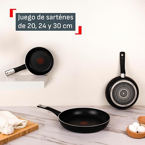 T-fal Juego de 3 Sartenes de 20, 24 y 30 cm Hard Titanium Plus con antiadherente titanium 2X, altamente resistente con Termo Señal y difussion base, mango ergonómico y muy compatible, negro, C3829082