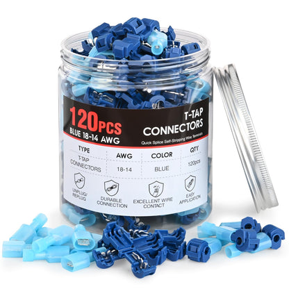 Nilight 120 pares/60 pares de terminales de cable de desconexión rápida de empalme, conectores de pala en T, color azul, 16-14 AWG macho hembra totalmente aislado, kit de crimpado autosuperable | Conectores de pala 16-14 AWG macho hembra totalmente aislad