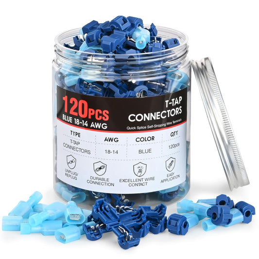 Nilight 120 pares/60 pares de terminales de cable de desconexión rápida de empalme, conectores de pala en T, color azul, 16-14 AWG macho hembra totalmente aislado, kit de crimpado autosuperable | Conectores de pala 16-14 AWG macho hembra totalmente aislad