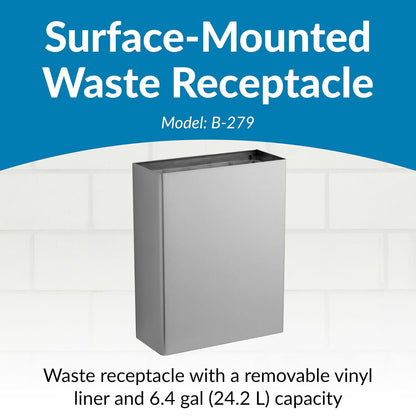 Bobrick Receptáculo de residuos montado en superficie, capacidad de 6.4 galones, acero inoxidable satinado, diseño de parte superior abierta con forro de vinilo extraíble, 14 pulgadas de ancho x 18