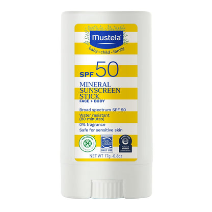 Mustela Protector Solar Mineral SPF 50 Stick 0.6 oz | Para cara y cuerpo, ingredientes 70% orgánicos, ultra transparente, resistente al agua, sin fragancia