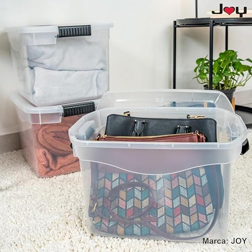 JOY - Caja de Almacenamiento Apilable, Pack de 2, para Organizador Armario, Juguetes, Ropa, con Broche y Tapa Duradera, 29 Litros de Capacidad, Plástico Libre de BPA, Transparente