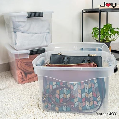 JOY - Caja de Almacenamiento Apilable, Pack de 2, para Organizador Armario, Juguetes, Ropa, con Broche y Tapa Duradera, 29 Litros de Capacidad, Plástico Libre de BPA, Transparente