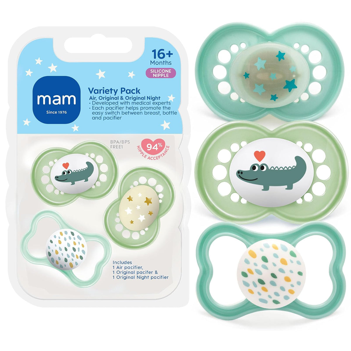 Chupón, más de 16 meses, paquete variado (1 original, 1 aire + 1 chupón nocturno), unisex, 3 unidades